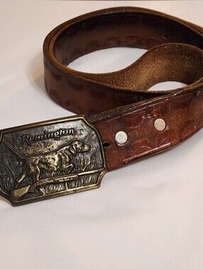 Vintage Remington Belt Buckle & Embossed Brn Leather Belt Sz. XL 43" See Measure